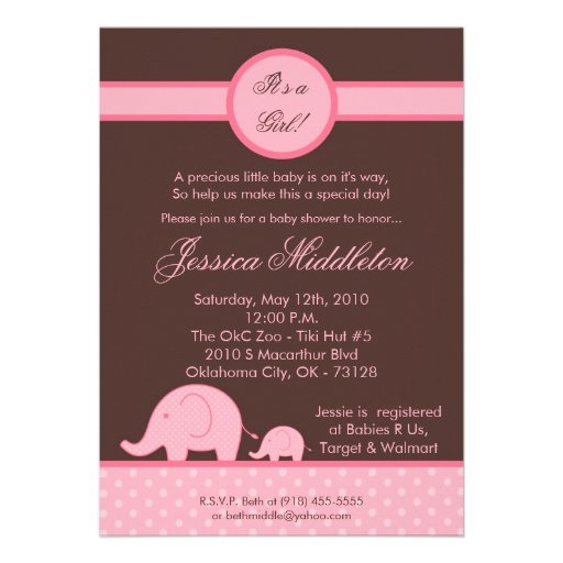 5x7 Pink Girly Mod Elephant Baby Shower Invitation