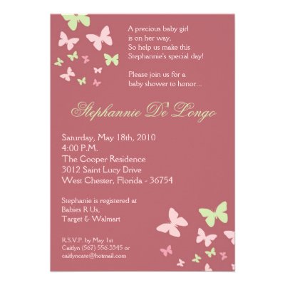 5x7 Pink Green Butterfly Baby Shower Invitation
