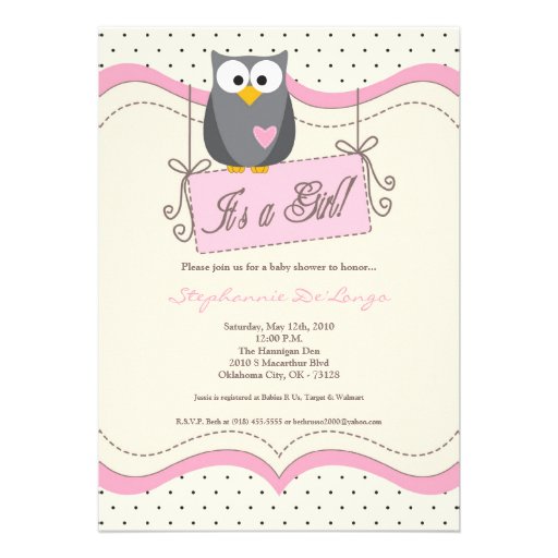 5x7 Pink Hoot Owl Woodland Baby Shower Invitation
