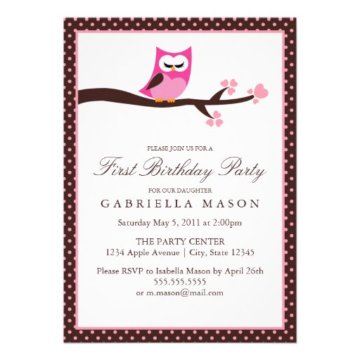 5x7 Pink Owl Birthday Party Invite