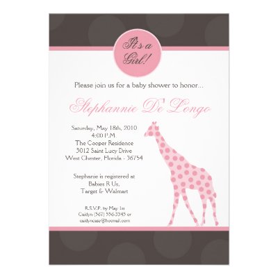 5x7 Pink Polka Dot Giraffe Baby Shower Invitation
