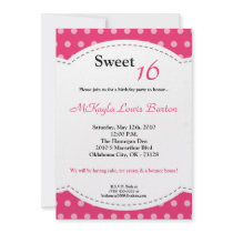 5x7 Pink Polkadot Sweet 16 Birthday Invitation
