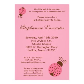 5x7 Pink Spring Lady Bug Birthday Party Invitation