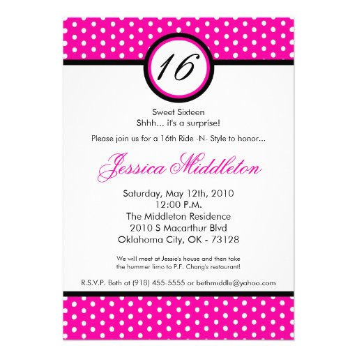 5x7 Pink White Polka Dot 16th Birthday Invitation