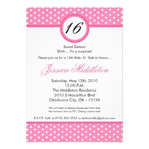5x7 Pink White Polka Dot 16th Birthday Invitation