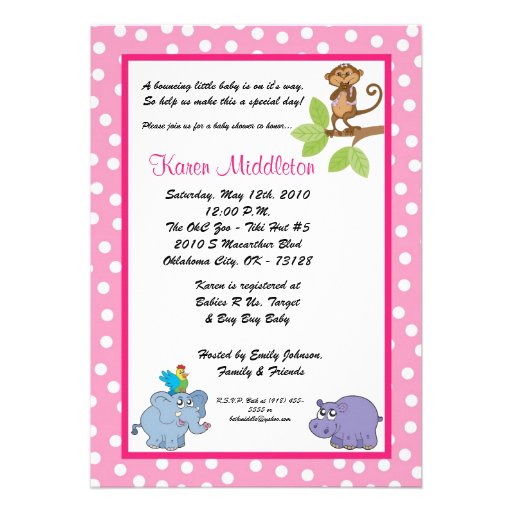 5x7 Pink Zoo Animals Baby Shower Invitation 5" X 7" Invitation Card