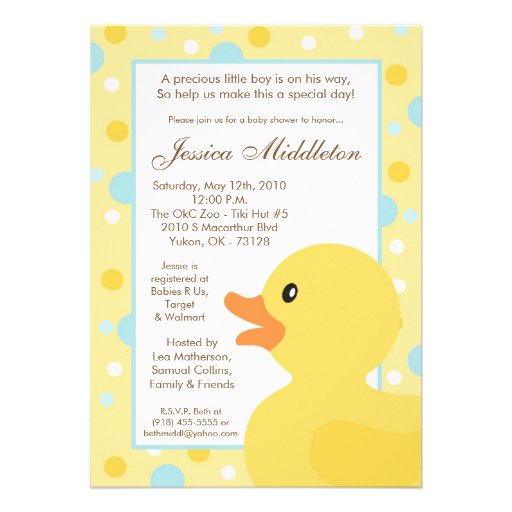 5x7 Polka Dot Rubber Ducky Baby Shower Invitation (front side)