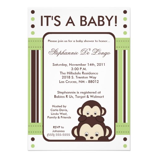5x7 Pop Monkey Neutral Jung Baby Shower Invitation