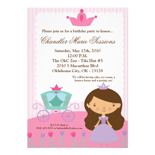 5x7 Princess Girl Carria Birthday Party Invitation