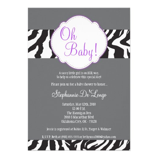 5x7 Purpl Gray Zebra Stripe Baby Shower Invitation