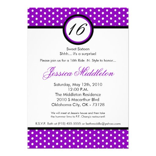 5x7 Purpl White Polka Dot 16th Birthday Invitation
