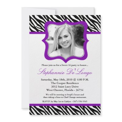 5x7 Purpl Zebra PHOTO Sweet 16 Birthday Invitation by AnnLeeDesigns
