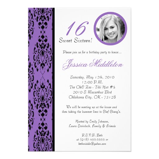 5x7 Purple Damask 16 Birthday Party Invitation