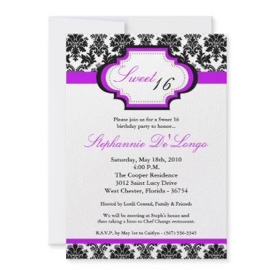 5x7 Purple Damask Sweet 16 Birthday Invitation by AnnLeeDesigns
