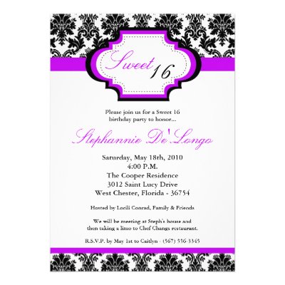 5x7 Purple Damask Sweet 16 Birthday Invitation