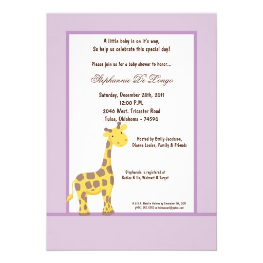 5x7 Purple Giraffe Baby Shower Invitation
