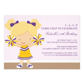 5x7 Purple/Gold Cheerleader Birthday Party Invite