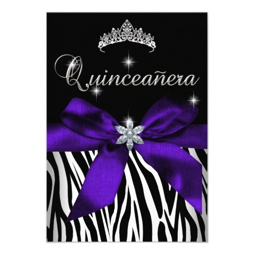 5x7 Quinceanera Purple Zebra Black White Custom Invites