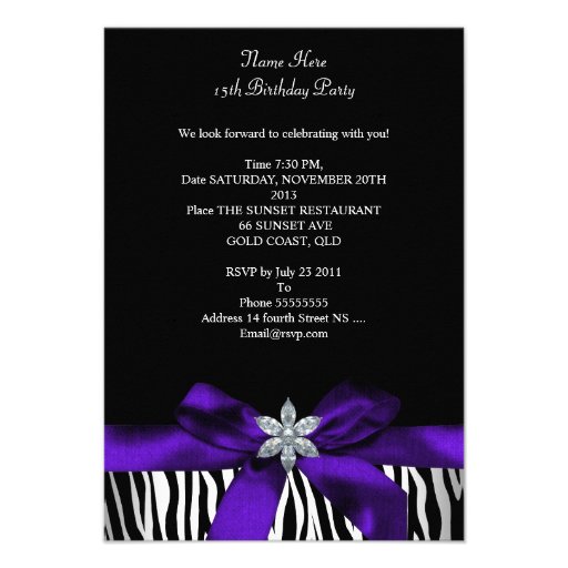 5x7 Quinceanera Purple Zebra Black White Custom Invites