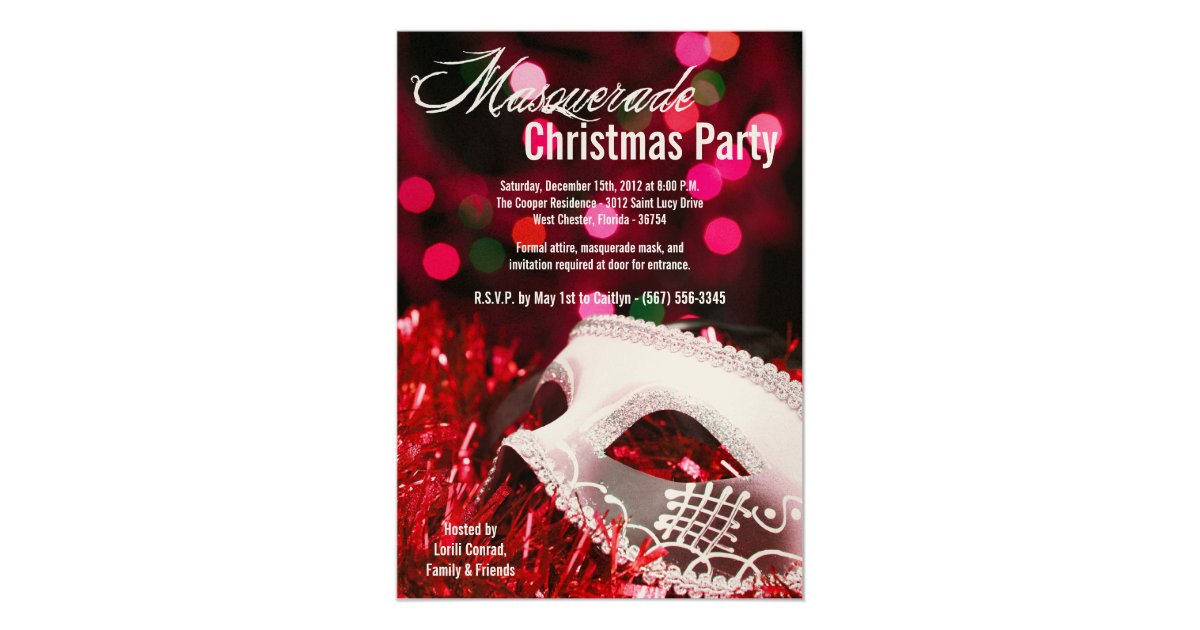 5x7 Red Masquerade Christmas XMAS Invitation Zazzle