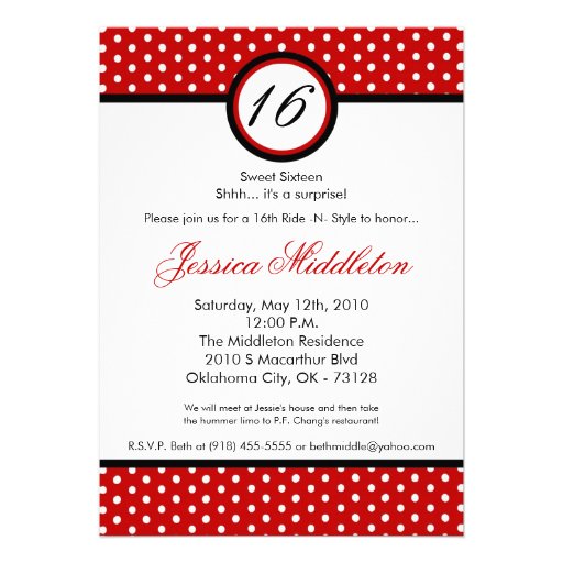 5x7 Red White Polka Dot 16th Birthday Invitation