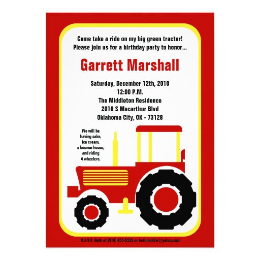 5x7 Red Yellow Farm Tractor Birthday Invitation