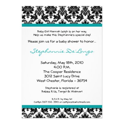 5x7 Teal Black Damask Baby Shower Invitation