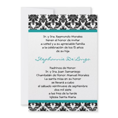 5x7 Teal Turquoise Damask Quinceanera Invitation by AnnLeeDesigns