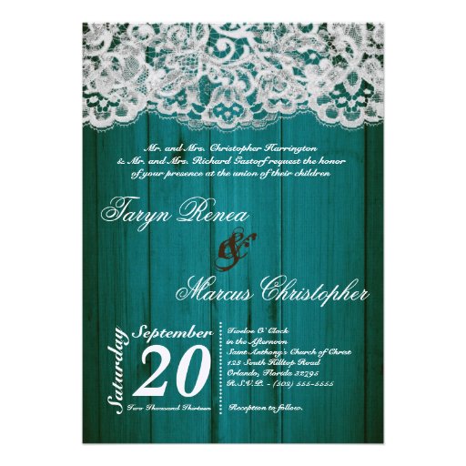 5x7 Teal Wood and Lace Wedding Invitation