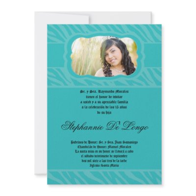 5x7 Teal Zebra Print Patter Quinceanera Invitation by AnnLeeDesigns