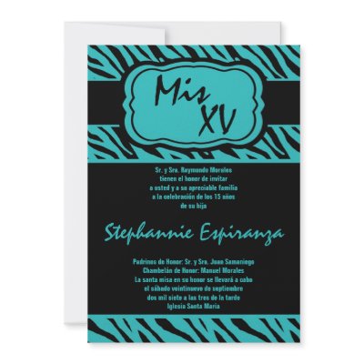 5x7 Teal Zebra Print Quinceanera 15 Invitation by thepapergenius