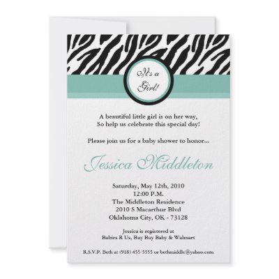 5x7 Tiffany Blu Zebra Print Baby Shower Invitation by thepapergenius