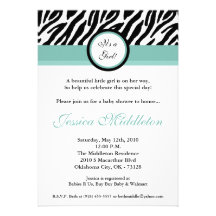 5x7 Tiffany Blu Zebra Print Baby Shower Invitation