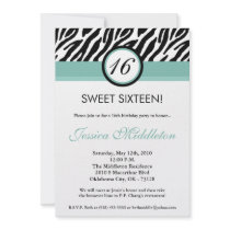 5x7 Tiffany Blue Zebra 16th Birthday Invitation