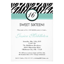 5x7 Tiffany Blue Zebra 16th Birthday Invitation