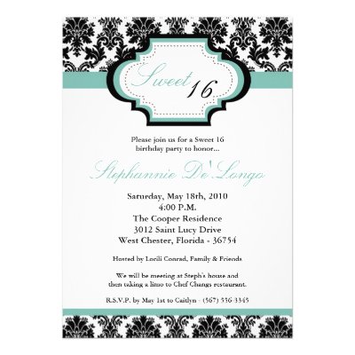 5x7 TiffanyBlu Damask Sweet 16 Birthday Invitation