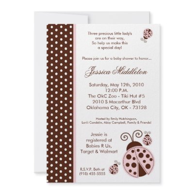 5x7 TRIPLET Lady Bug Polka Baby Shower Invitation by thepapergenius