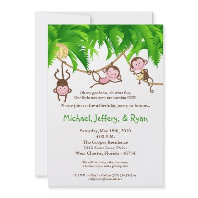 5x7 TRIPLET Monkey Jungl Birthday Party Invitation by AnnLeeDesigns
