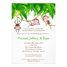 5x7 TRIPLET Monkey Jungl Birthday Party Invitation