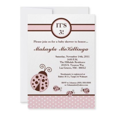 5x7 TRIPLETS Pink Lady Bug Baby Shower Invitation by monkeyfrog