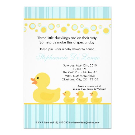 5x7 TRIPLETS Rubber Duck Baby Shower Invitation (front side)