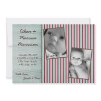5x7 TWIN Blue Pink Stripe Photo Birth Announcement
