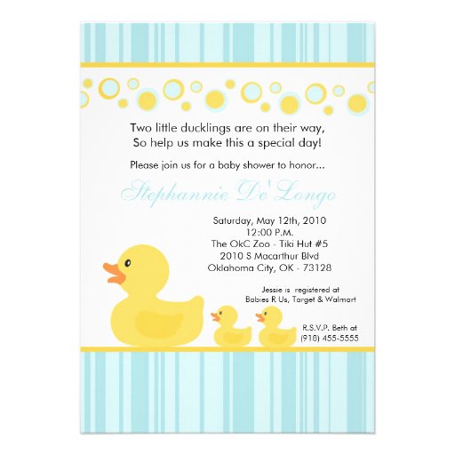 5x7 TWIN Yellow Rubber Duck Baby Shower Invitation (front side)
