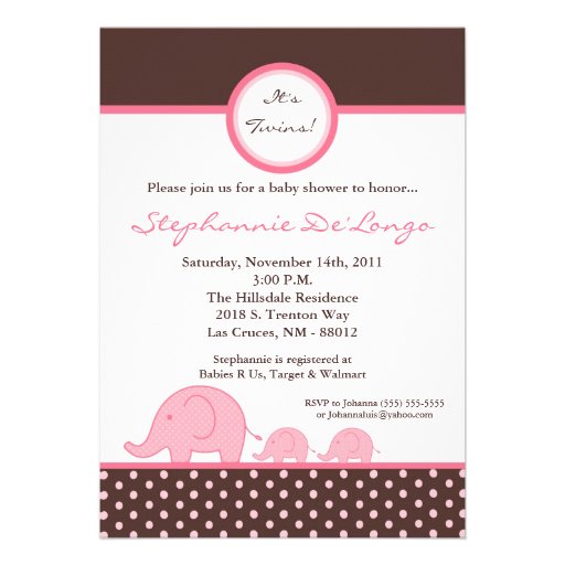 5x7 TWINS Mod Pink Elephant Baby Shower Invitation (front side)