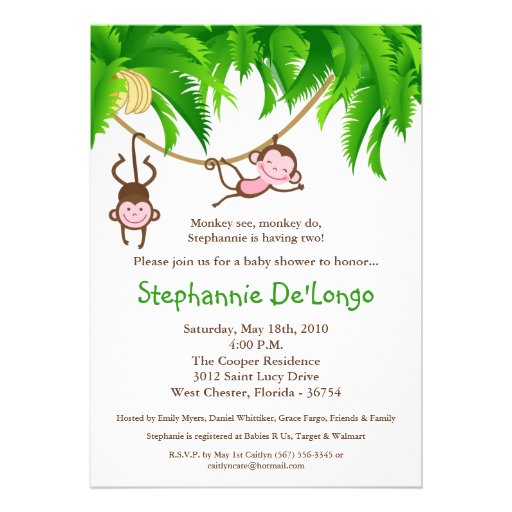 5x7 TWINS Monkey Jungle Baby Shower Invitation from Zazzle.com