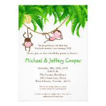 5x7 TWINS Monkey Jungle Birthday Party Invitation