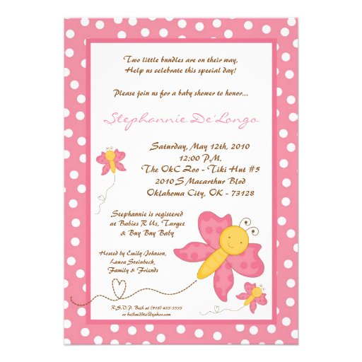 5x7 TWINS Pink Butterfly Baby Shower Invitation