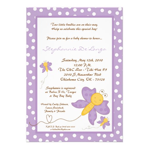 5x7 TWINS Purple Butterfly Baby Shower Invitation