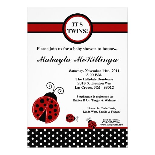 5x7 TWINS Red Lady Bug Baby Shower Invitation