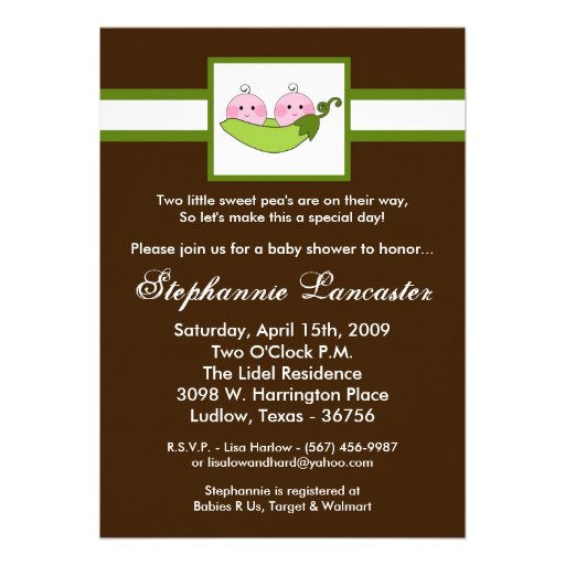 5x7 TWINS Sweet Pea in Pod Baby Shower Invitation